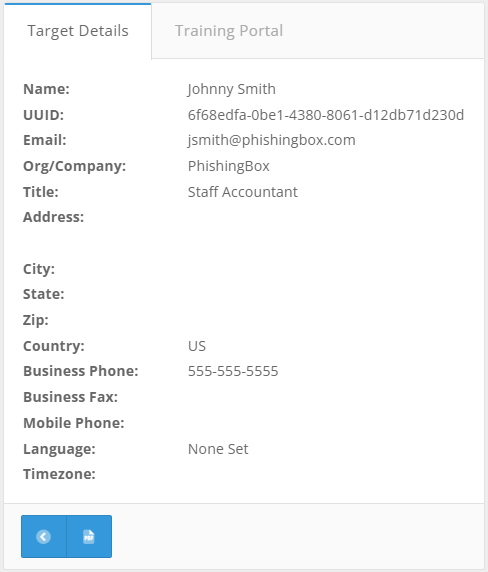 Target details page, containing name, UUID, email, org/company, title, address, city, state, zip, country, business phone, business fax, mobile phone, language, and timezone.
