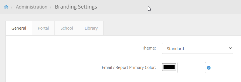Branding Settings page, General Tab. Portal, School, and Library tabs also displayed.