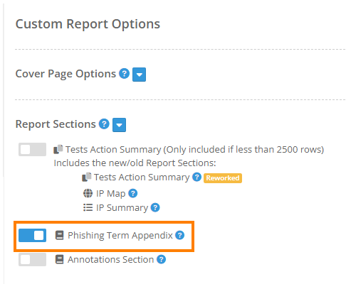 Custom Report Options page -- Phishing Term Appendix toggle