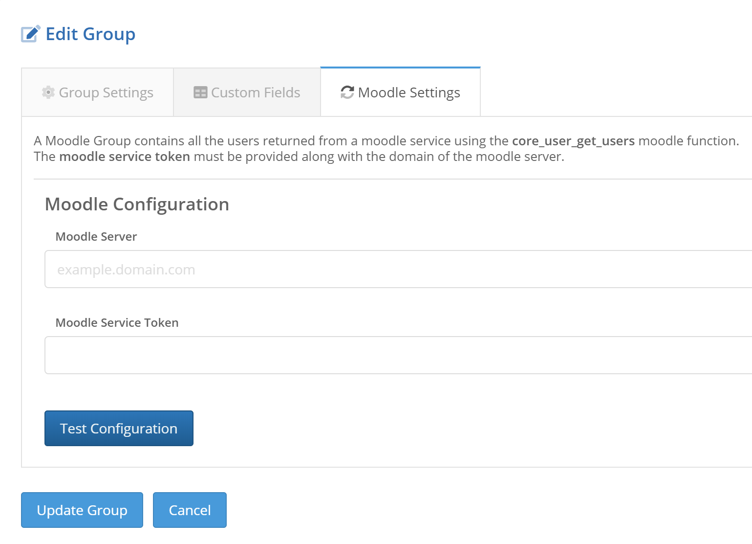 Edit group, Moodle Settings tab (Moodle configuration - moodle server, moodle service token, test configuration)