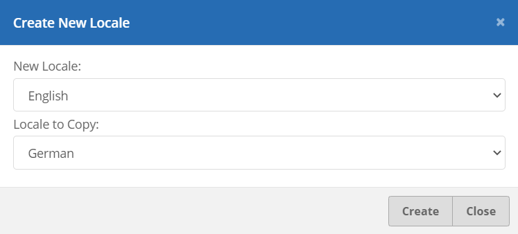 Create New Locale tab with New Locale and Locale to Copy dropdown options