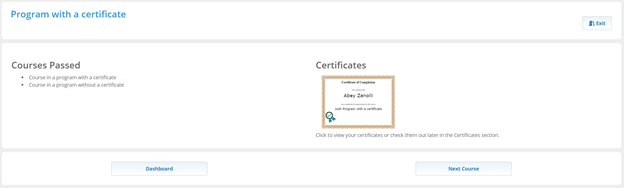 Certificates listed and courses passed page (program with a certificate)