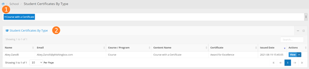 Student Certificates by Type. Course and program filter, name, email, course / program, content name, certificate, issued date, and actions as columns