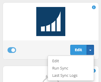 Switch to activate the integration on the bottom left of the Bridge card, with "Edit", "Run Sync", and "Last Sync Logs" as options under the edit dropdown