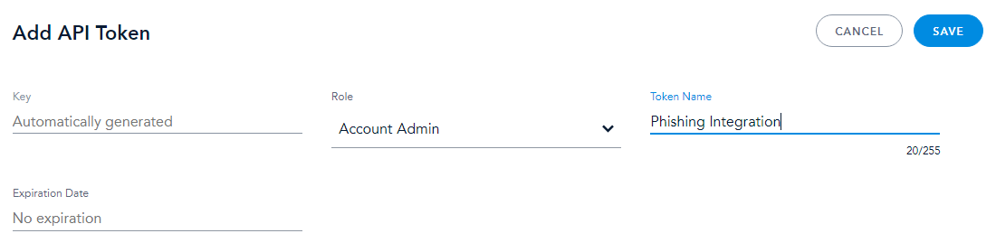 Add API Token page. Key, Role, Token Name, and Expiration Date fields.