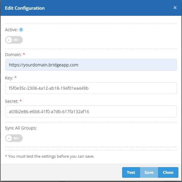 Edit Configuration form under Administration > Integration Store > Setup button > Edit configuration page with Active toggle, domain, key, secret fields, sync all groups toggle.. For Bridge integration