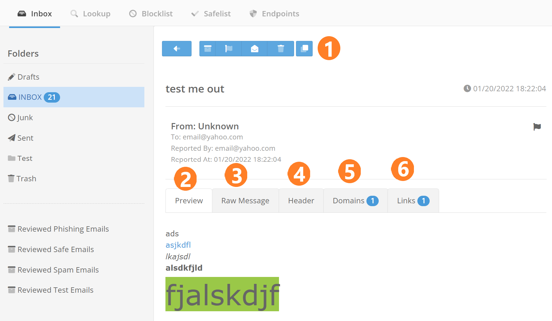 Image of Inbox with actions, preview, raw message, header, domains, and links tabs visible