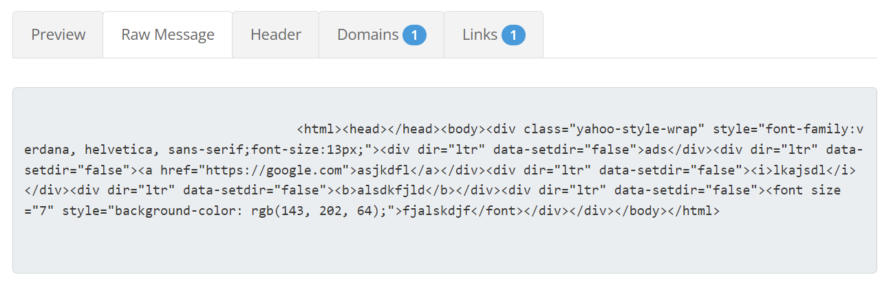 Example HTML in Raw Message popup