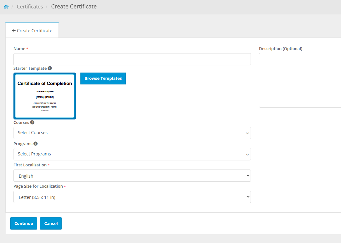 Create Certificate Page 