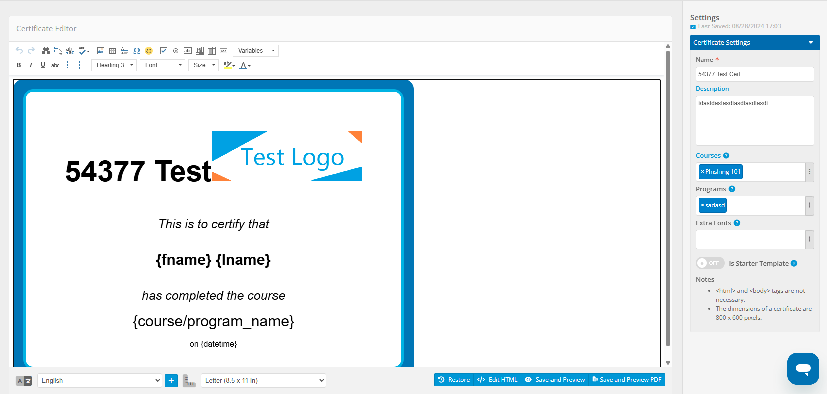 Certificate Editor example, full page