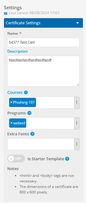 Certificate Editor settings with "Is Starter Template" toggle 