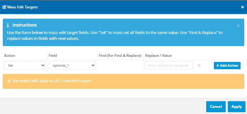Mass Edit Targets page for editing multiple targets at once