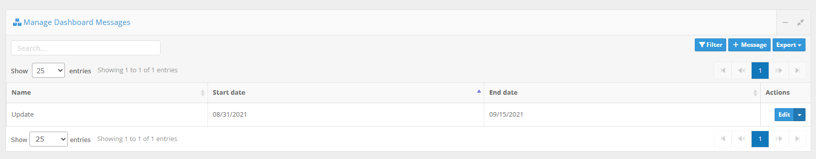 Manage Dashboard Messages table