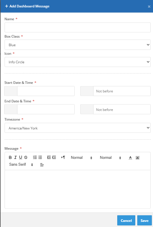 Add Dashboard Message modal