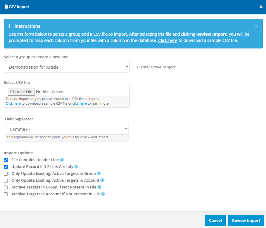 The CSV Import Modal, containing group selection, selecting a CSV file, field separator, and import options along with the review import and cancel button