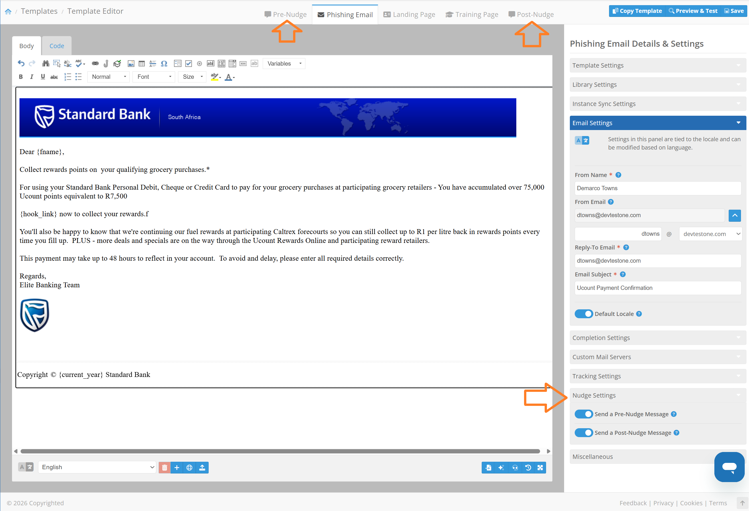 Template Editor showing the Nudge Settings switches and the Pre-Nudge and Post-Nudge tabs