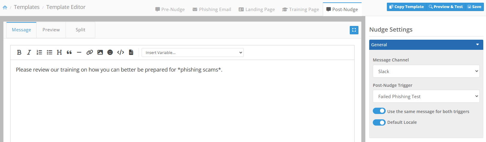 Post-Nudge editor showing the message channel, post-nudge trigger, and same-message switch