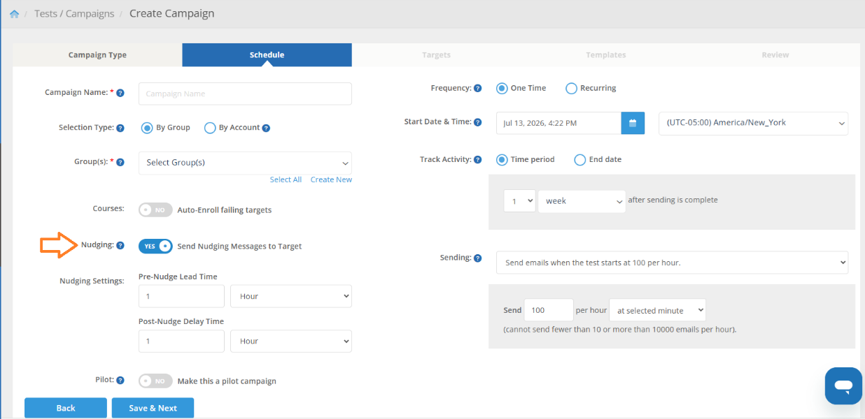 Campaign Schedule step showing Nudging enabled with pre-nudge lead time and post-nudge delay time