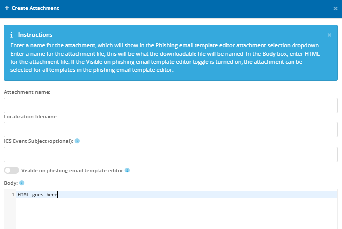 Create Attachment modal after selecting "+ Create Attachment" on the Manage Attachments page
