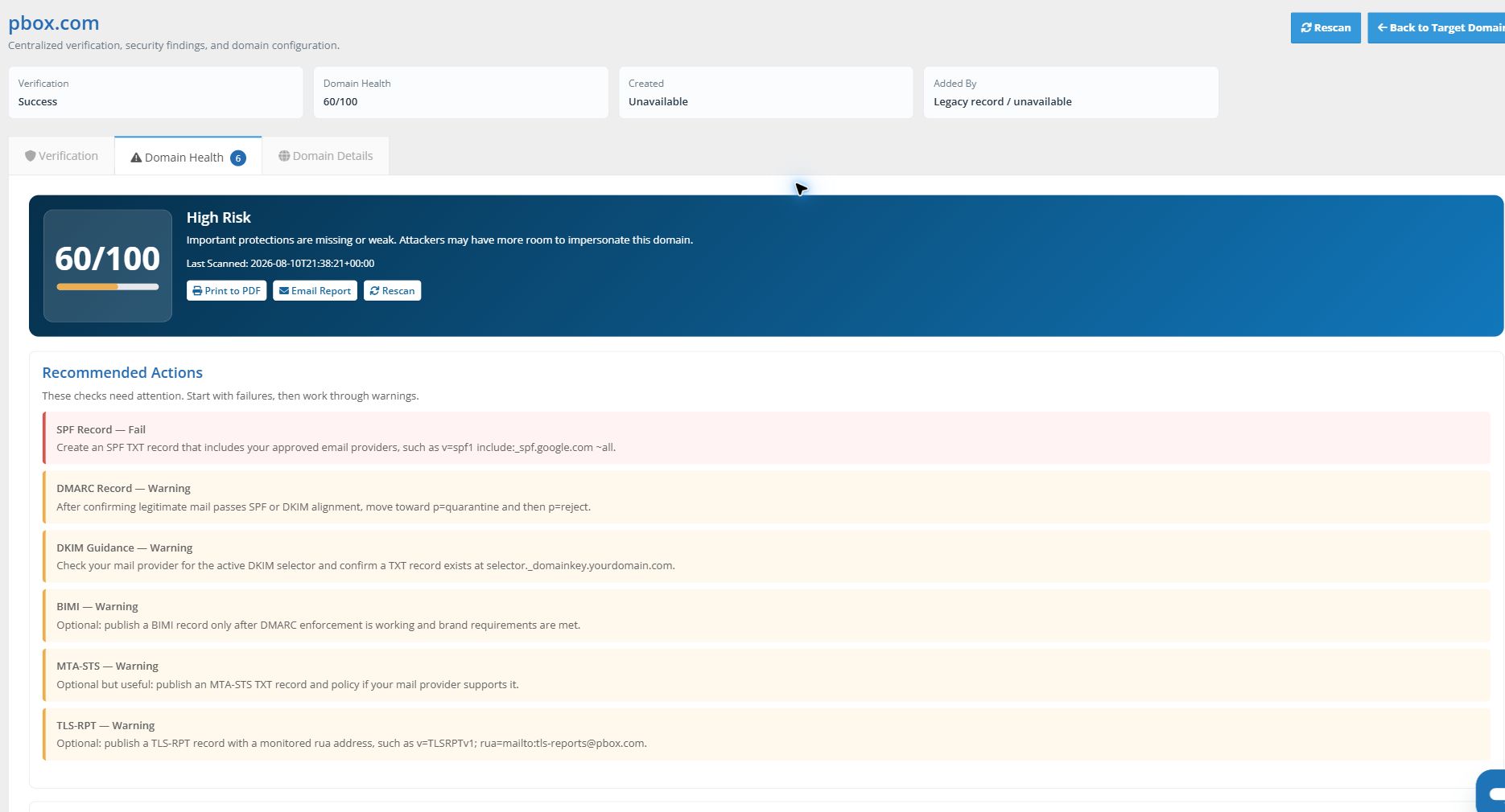 Domain Health tab showing the risk score, recommended actions, and report controls