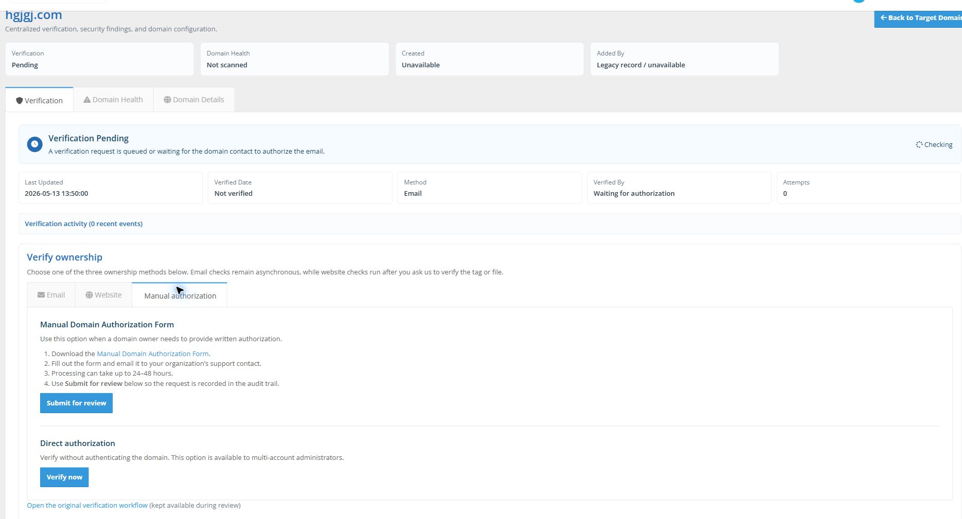 Domain Details page, verification tab displaying by default. Shows the Verification, Domain Health, and Domain Details tabs
