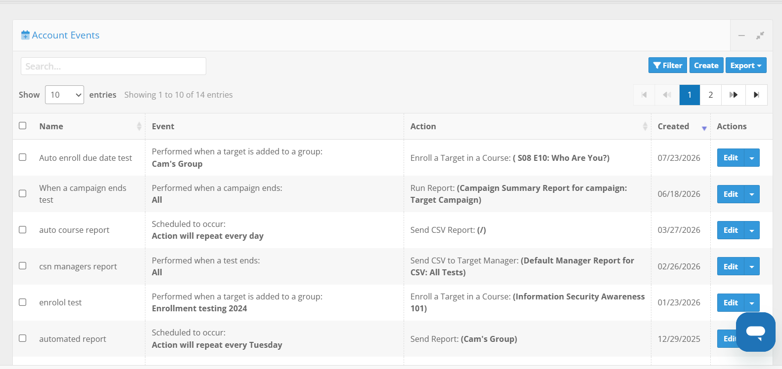 Account Events page, with the Events table displayed. 