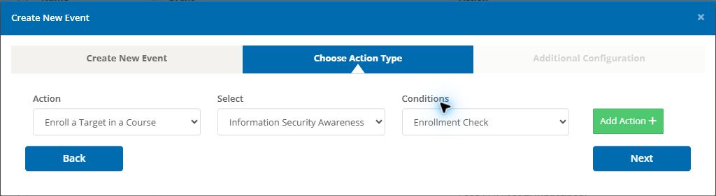 Choose Action Type tab in the Create Event wizard