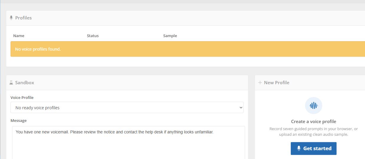 Deepfake Profiles page showing the Profiles table, Sandbox, and New Profile panel