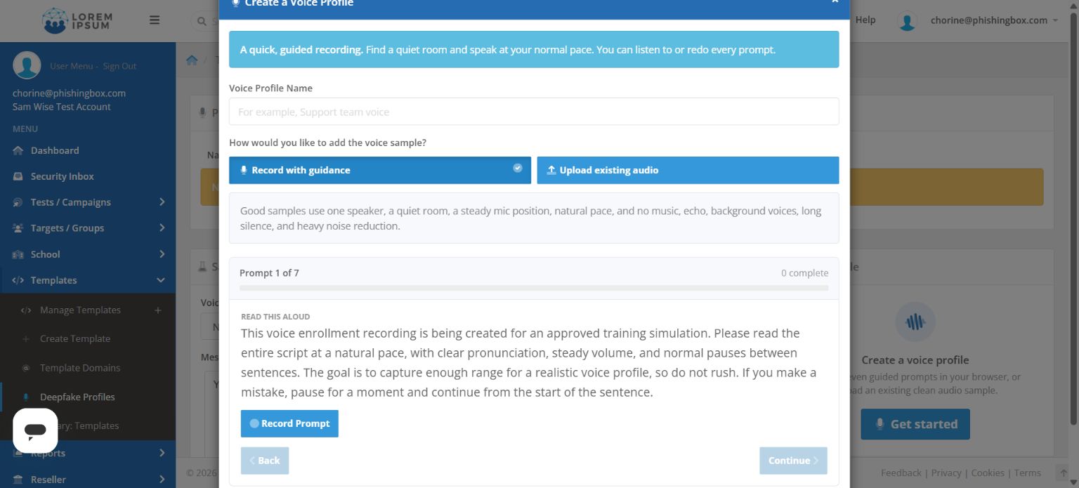 Create a Voice Profile window with the first of seven guided recording prompts