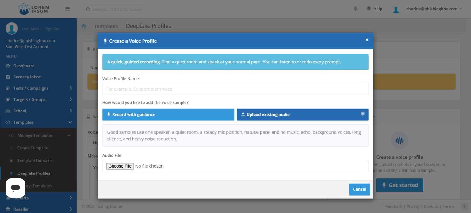 Create a Voice Profile window with Upload existing audio selected and the Audio File chooser