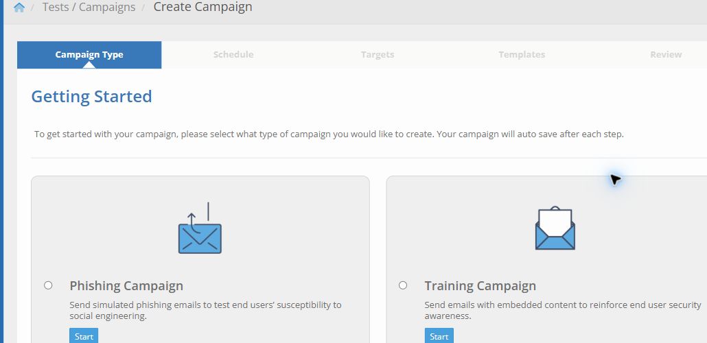 Portal Campaign Wizard showing the Campaign Type step and the Phishing Campaign option used for an AI Voicemail campaign.