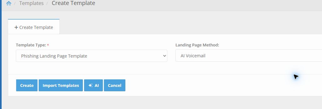 Portal Create Template page with Phishing Landing Page Template selected as the template type and AI Voicemail selected as the landing page method.