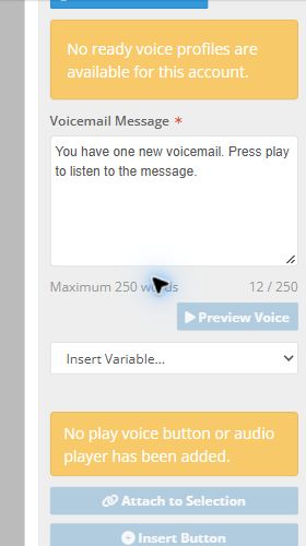 AI Voicemail settings showing the voicemail message, 250-word limit, Insert Variable menu, Preview Voice button, and playback-control options.